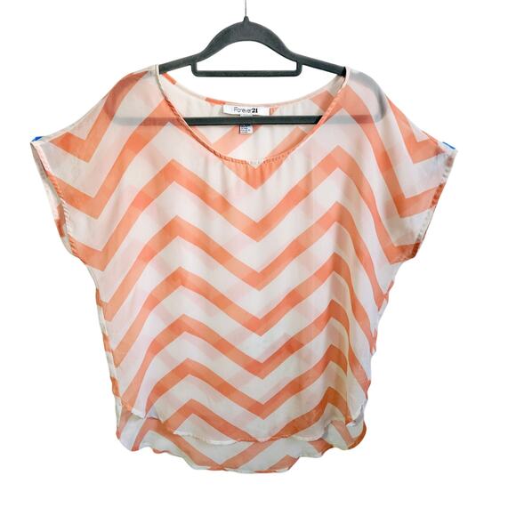 Forever 21 Women's M Chevron Stripe Blouse Orange White Lightweight Semi Sheer - Picture 1 of 6